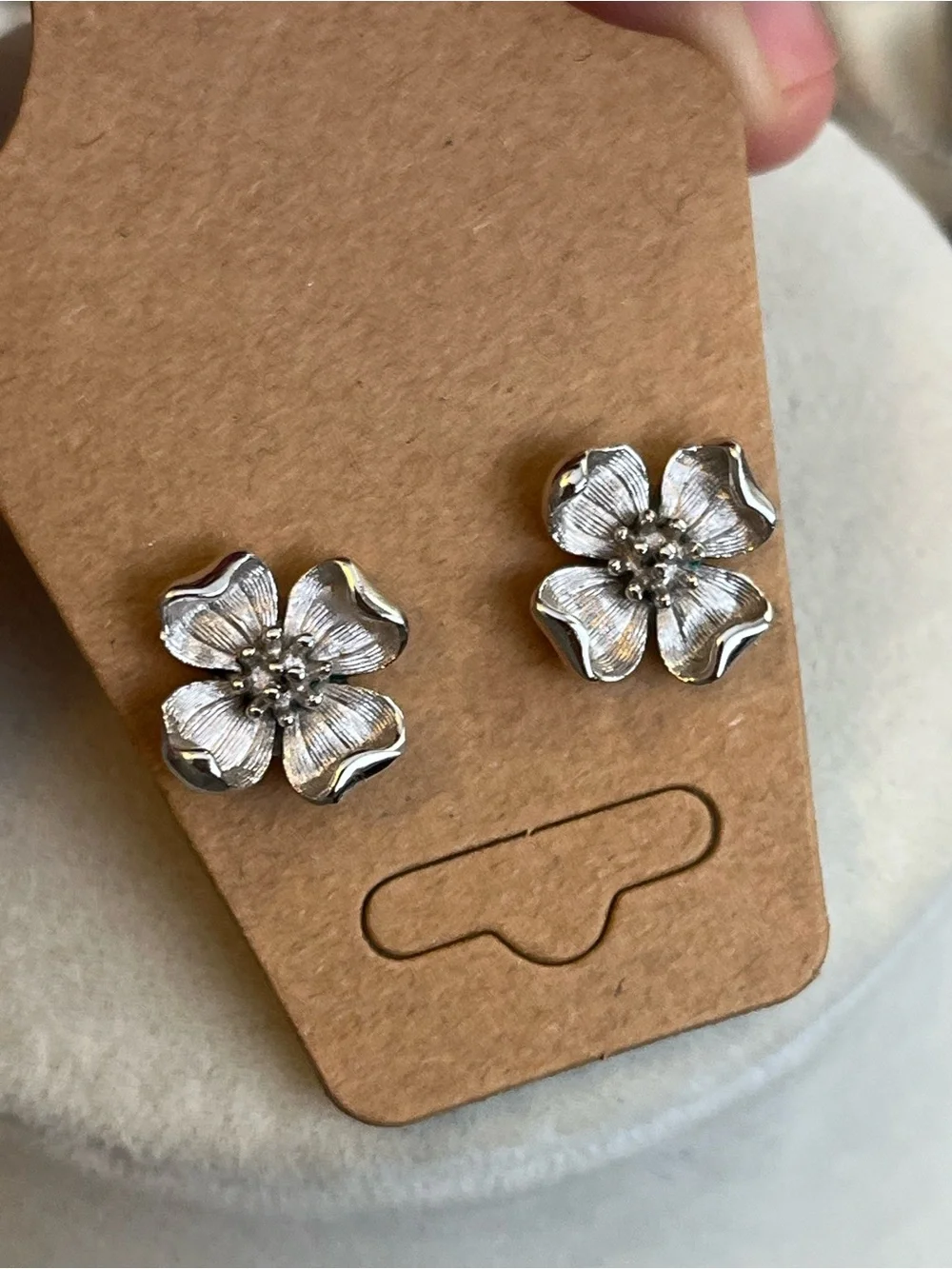 Vintage Signed Crown Trifari Silver Tone Dogwood Flower Stud Earrings